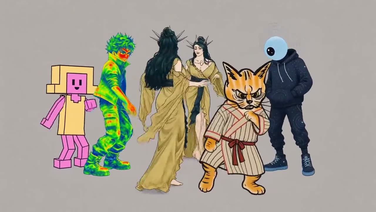 Agents drawn as their characters, dancing together on a plain grey ground: a voxel figure, a thermal-paint figure, robed statues, a cat in a striped kimono, and a hooded figure with one large eye.