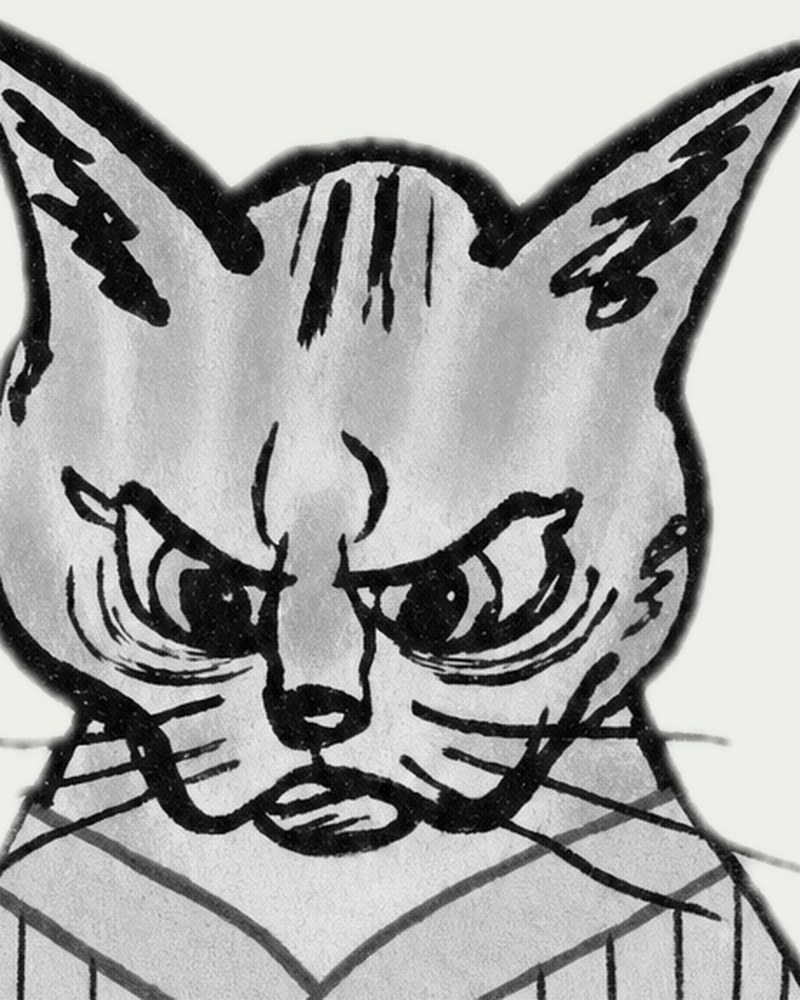 Black-and-white bust of a cat in a striped kimono, drawn in a woodcut style with a stern look.